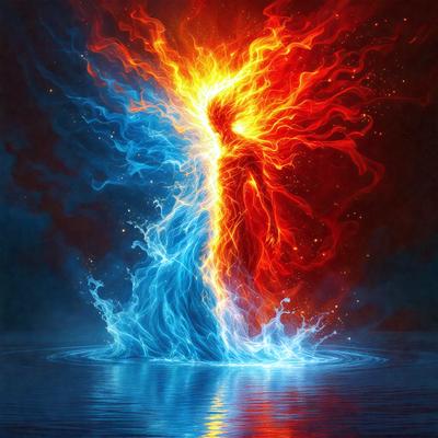 The primary subject of the image is a woman, who is depicted as a fire-like figure with a blue and red hue. She is standing in a body of water, which serves as the setting for the scene. The visual style of the image is digital art, as it is a computer-generated representation of the woman. The dominant colors in the image are blue and red, creating a striking and vibrant atmosphere.